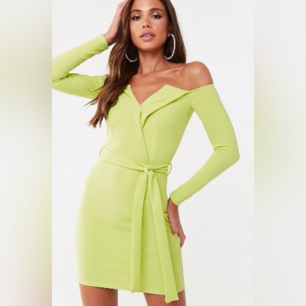 Missguided Neon Green Belted Bardot Textured Long sleeve Mini Dress
